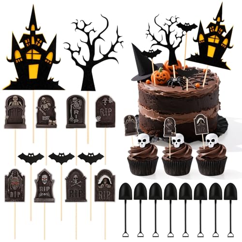 GSrenyu Halloween-Kuchenaufsätze, Grabstein, Friedhof, Cupcake-Topper, Mini-Schaufel, Löffel, geeignet für Halloween-Party, Geburtstag, Party, Dekoration, 53 Stück GSrenyu Halloween-Kuchenaufsätze, Grabstein, Friedhof, Cupcake-Topper, Mini-Schaufel, Löffel, geeignet für Halloween-Party, Geburtstag, Party, Dekoration, 53 Stück von GSrenyu