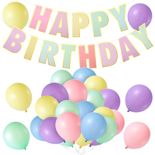 GSrenyu Happy Birthday Banner & Luftballons Set mit 4 Bandrollen Macaron Farbthema für Geburtstag Babyparty Party Dekoration GSrenyu Happy Birthday Banner & Luftballons Set mit 4 Bandrollen Macaron Farbthema für Geburtstag Babyparty Party Dekoration von GSrenyu