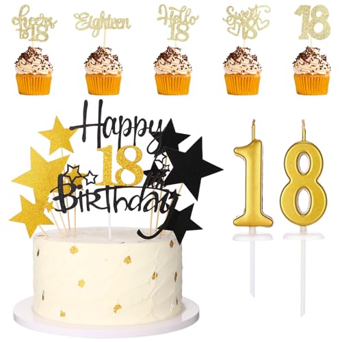 GSrenyu Kuchendekoration zum 18. Geburtstag, personalisierbar, mit Zahlenkerzen, Sternen, Cupcake-Picks, Geburtstagsschild, Glitzer, Schwarz und Gold, Kuchendekoration für Jungen und Mädchen, 48 Stück von GSrenyu