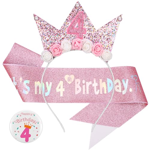 GSrenyu Stirnband zum 4. Geburtstag, Glitzer-Schärpe und Abzeichen-Set für Geburtstagsdekorationen, Mädchen, Prinzessinnenkrone, Hüte, Mädchen, Stirnband für Kinder, Prinzessinnen-Party GSrenyu Stirnband zum 4. Geburtstag, Glitzer-Schärpe und Abzeichen-Set für Geburtstagsdekorationen, Mädchen, Prinzessinnenkrone, Hüte, Mädchen, Stirnband für Kinder, Prinzessinnen-Party von GSrenyu