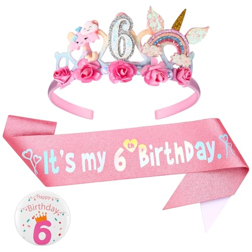 Stirnband für Mädchen zum 6. Geburtstag, Blumen-Geburtstagskrone, Glitzer-Schärpe und Abzeichen-Set für Geburtstag, Dekoration, Mädchen, Prinzessinnenkrone, Hüte, Mädchen, Stirnband für Kinder Stirnband für Mädchen zum 6. Geburtstag, Blumen-Geburtstagskrone, Glitzer-Schärpe und Abzeichen-Set für Geburtstag, Dekoration, Mädchen, Prinzessinnenkrone, Hüte, Mädchen, Stirnband für Kinder von GSrenyu