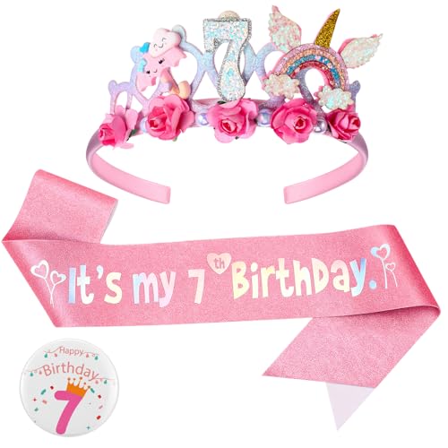 Stirnband für Mädchen zum 7. Geburtstag, Blumen-Geburtstagskrone, Glitzer-Schärpe und Abzeichen-Set für Geburtstag, Dekoration, Mädchen, Prinzessinnenkrone, Hüte, Mädchen, Stirnband für Kinder Stirnband für Mädchen zum 7. Geburtstag, Blumen-Geburtstagskrone, Glitzer-Schärpe und Abzeichen-Set für Geburtstag, Dekoration, Mädchen, Prinzessinnenkrone, Hüte, Mädchen, Stirnband für Kinder von GSrenyu