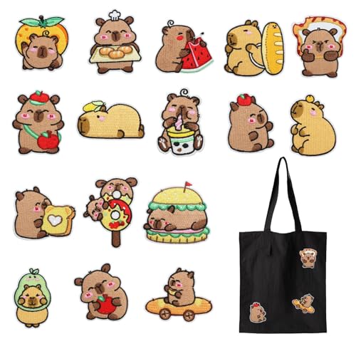 GTFYUDGH Stickerei Aufnäher Für Kleidung | Stickerei Aufnäher Capybara 16 Stück - Handarbeit Bastelbedarf Für Damen Herren Mützen Rucksack Kleidung von GTFYUDGH