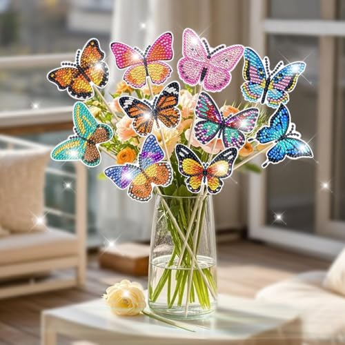 10 Stück Diamond Painting Schmetterling Sets, Gartenstecker Diamond Painting für Kinder und Erwachsene, DIY Diamond Schmetterling Deko für Garten Balkon, Basteln Diamont Painting Geschenk für Frauen von GTJEOI
