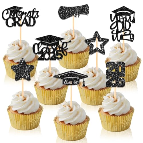 24 Stück Glitzer 2025 Graduation Cupcake Toppers, Abschluss Tortendeko, Kuchen Deko für Abschluss, Toppers für Abschlussfeiern 2025, Ab-schluss Party Kuchen Dekoration von GTJEOI