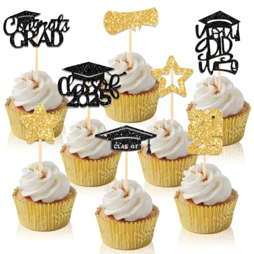 24 Stück Glitzer 2025 Graduation Cupcake Toppers, Abschluss Tortendeko, Kuchen Deko für Abschluss, Toppers für Abschlussfeiern 2025, Ab-schluss Party Kuchen Dekoration von GTJEOI