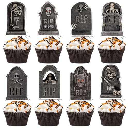 Halloween Cake Topper, 24pcs Halloween Graveyard Tortendeko mit 24pcs Mini-Schaufeln, Hallowee-n Tortenaufsätze, Hallowee-n Kuchendeko, Muffin Deko für Hallo-ween Horror Party Supplies von GTJEOI