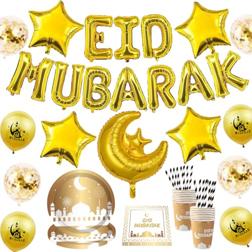 Ramadan Mubarak Party Geschirr Set, 88 Stück Eid Mubarak Party Supplies mit Papierteller, Becher, Servietten, Luftballons, Stroh, Band, Eid Ramadan Mubarak Dekoration, 16 Gäste Partybedarf Ramadan Mubarak Party Geschirr Set, 88 Stück Eid Mubarak Party Supplies mit Papierteller, Becher, Servietten, Luftballons, Stroh, Band, Eid Ramadan Mubarak Dekoration, 16 Gäste Partybedarf von GTJEOI