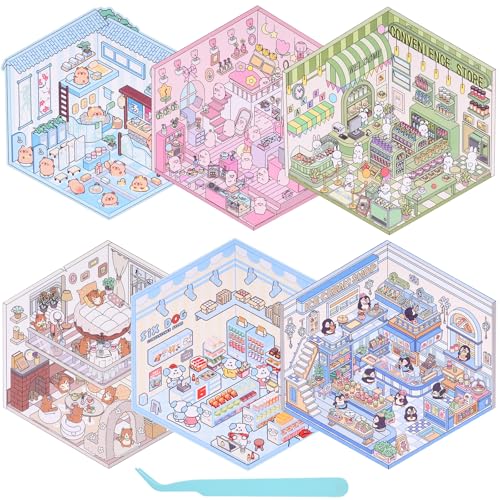 GTNCE 6 Stück 3d Sticker Scene, DIY 3D House Stickers mit 1 Pinzetten, Miniatur 3D Hausaufkleber Set, Kreative Szene Spaß Stacking, Machen Sie Ihren Eigenen Supermarkt, Café, Restaurant von GTNCE