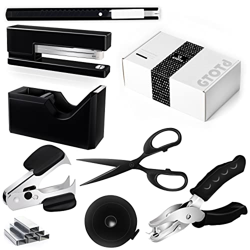 GTOTd Black Schwarz Desk Accessories Kit enthält Desktop Hefter, Hefter entfernen, Locher, Klebebandspender, Edelstahlschere, kleines Teleskopmesser und Bandmaß von GTOTd