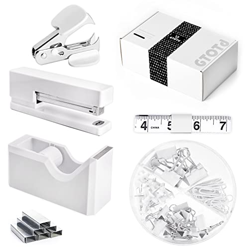 GTOTd White Weiß Desk Accessories Kit, Set mit Hefter, Klebebandspender, Klammerentferner, 1000 Stück Klammern, Maßband und 72 Stück Bürobedarf von GTOTd