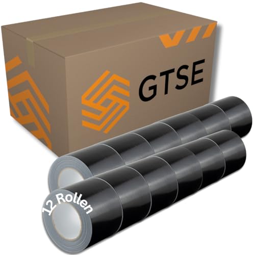 GTSE - Gewebeband Schwarz - 100 mm x 50 m - 12 Rollen - strapazierfähiges Panzerband - wasserdichtes Klebeband zum Reparieren, Befestigen, Bündeln, Verstärken und Abdichten von GTSE