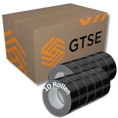 GTSE - Gewebeband Schwarz - 48 mm x 50 m - 10 Rollen - strapazierfähiges Panzerband - wasserdichtes Klebeband zum Reparieren, Befestigen, Bündeln, Verstärken und Abdichten von GTSE