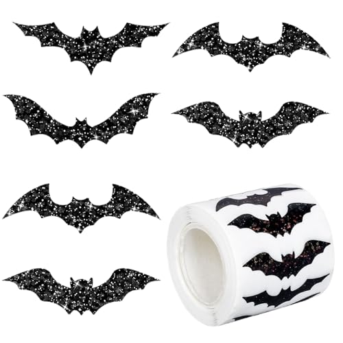 Sticker Halloween, 500 PCS Fledermaus Aufkleber, Sticker Halloween Kinder, Glitzer Dekorative Aufkleber Rolle, für Kinder Partys und Briefumschläge Notizbücher (Fledermaus) von GTYARYUA