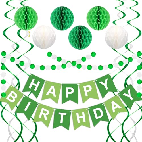Grüne Geburtstagsdekorationen, Happy Birthday Banner mit Wabenbällen, Kreis Punkt Girlande und hängenden Wirbel Dekorationen für Frauen Männer Jungen Mädchen (Grün Weiß) von GTZCVCZTG