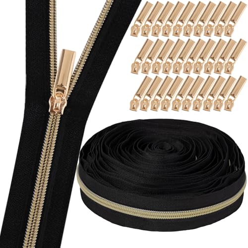 GUBOCA 9 M Reißverschluss,Näh Endlosreißverschluss mit Zipper,mit 30 Stück Reißverschlüsse Zubehör für Taschendekoration (Gold,Schwarz) von GUBOCA