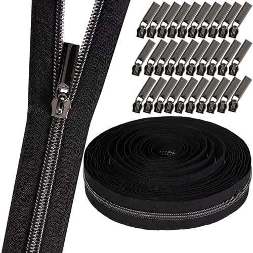 GUBOCA 9 M Reißverschluss,Näh Endlosreißverschluss mit Zipper,mit 30 Stück Reißverschlüsse Zubehör für Taschendekoration (Schwarz,Schwarz) von GUBOCA