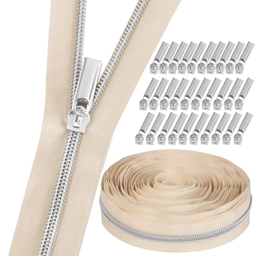 GUBOCA 9 M Reißverschluss,Näh Endlosreißverschluss mit Zipper,mit 30 Stück Reißverschlüsse Zubehör für Taschendekoration (Silber,Beige) von GUBOCA