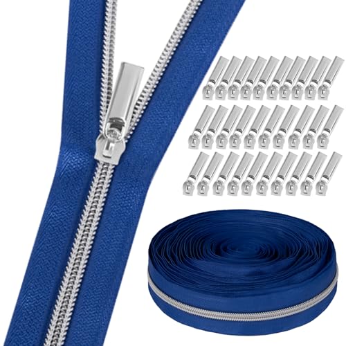 GUBOCA 9 M Reißverschluss,Näh Endlosreißverschluss mit Zipper,mit 30 Stück Reißverschlüsse Zubehör für Taschendekoration (Silber,Blau) von GUBOCA
