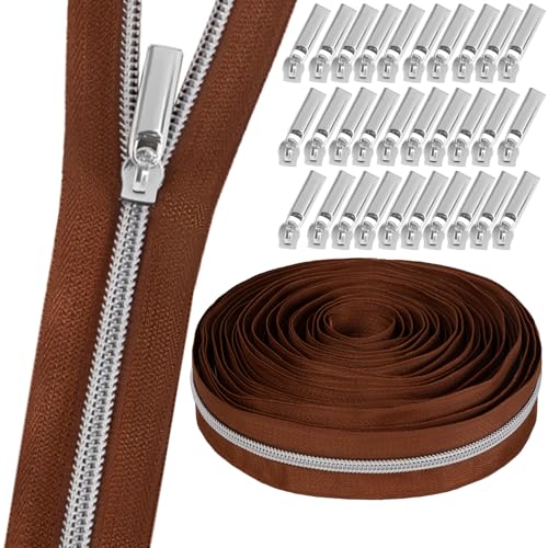 GUBOCA 9 M Reißverschluss,Näh Endlosreißverschluss mit Zipper,mit 30 Stück Reißverschlüsse Zubehör für Taschendekoration (Silber,Braun) von GUBOCA