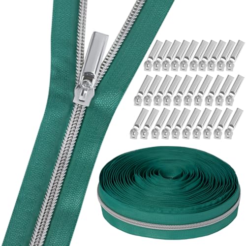 GUBOCA 9 M Reißverschluss,Näh Endlosreißverschluss mit Zipper,mit 30 Stück Reißverschlüsse Zubehör für Taschendekoration (Silber,Grün) von GUBOCA