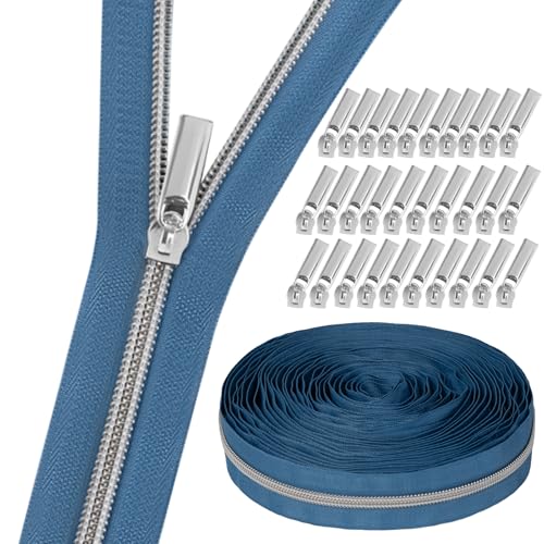 GUBOCA 9 M Reißverschluss,Näh Endlosreißverschluss mit Zipper,mit 30 Stück Reißverschlüsse Zubehör für Taschendekoration (Silber,Hellblau) von GUBOCA