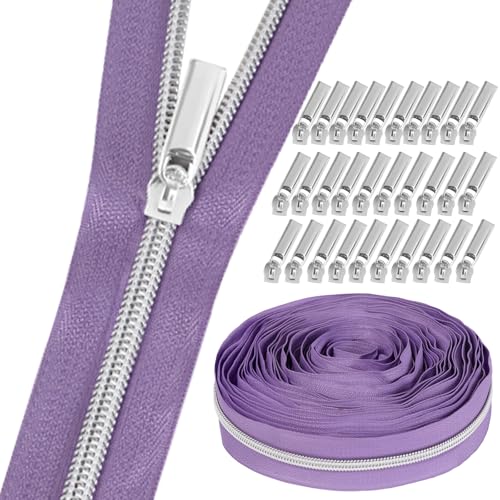 GUBOCA 9 M Reißverschluss,Näh Endlosreißverschluss mit Zipper,mit 30 Stück Reißverschlüsse Zubehör für Taschendekoration (Silber,Hellviolett) von GUBOCA