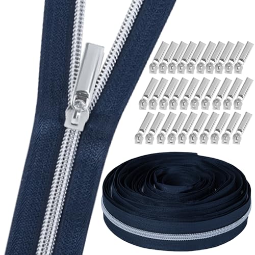 GUBOCA 9 M Reißverschluss,Näh Endlosreißverschluss mit Zipper,mit 30 Stück Reißverschlüsse Zubehör für Taschendekoration (Silber,Marineblau) von GUBOCA