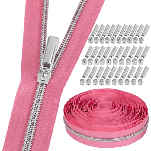 GUBOCA 9 M Reißverschluss,Näh Endlosreißverschluss mit Zipper,mit 30 Stück Reißverschlüsse Zubehör für Taschendekoration (Silber,Pink) von GUBOCA
