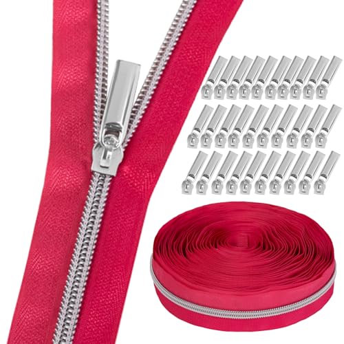 GUBOCA 9 M Reißverschluss,Näh Endlosreißverschluss mit Zipper,mit 30 Stück Reißverschlüsse Zubehör für Taschendekoration (Silber,Rosa) von GUBOCA