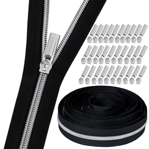GUBOCA 9 M Reißverschluss,Näh Endlosreißverschluss mit Zipper,mit 30 Stück Reißverschlüsse Zubehör für Taschendekoration (Silber,Schwarz) von GUBOCA