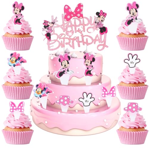 13 Stück Minnie Kuchen Deko, Mouse Tortendeko, Minnie Cake Topper, Minnie Cupcake Toppers, Mouse Cake Topper Geburtstag, Happy Birthday Topper für Mädchen Geburtstag Party Kuchen Dekoration Supplies von GUBOOM