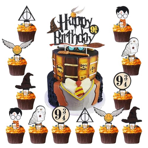 25 Stück Magier Geburtstag Kuchen Deko Set, Harry Potter Thema Kuchen Deko, Harry Potter Happy Birthday Tortendeko, Magical Kuchendekoration, für Junge Mädchen Party Birthday Dekoration von GUBOOM