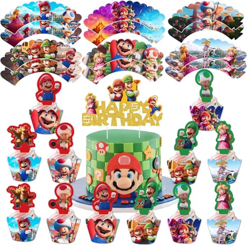 25 Stück Super Mario Geburtstag Tortendeko, Super Mario Cupcake Wrappers Papier, Kuchen Topper, Super Mario Kuchen Dekoration, Mario Cupcake Toppers Dekoration Mario Party Deko für Mädchen Junge von GUBOOM