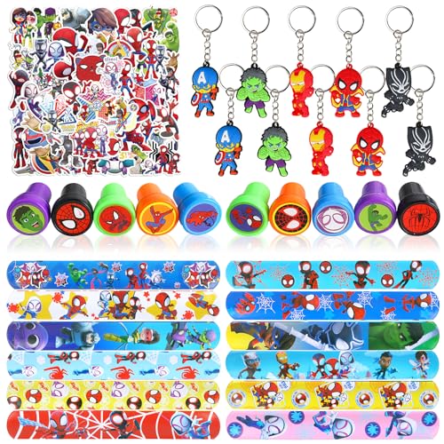 82PCS Spidey and His Amazing Friends Party Mitgebsel, 10 Spiderman Stempel, 10 Spiderman Schlüsselanhänger, 12 Spiderman Schnapparmband, 50 Spiderman Sticker, Spiderman Mitgebsel Kindergeburtstag von GUBOOM