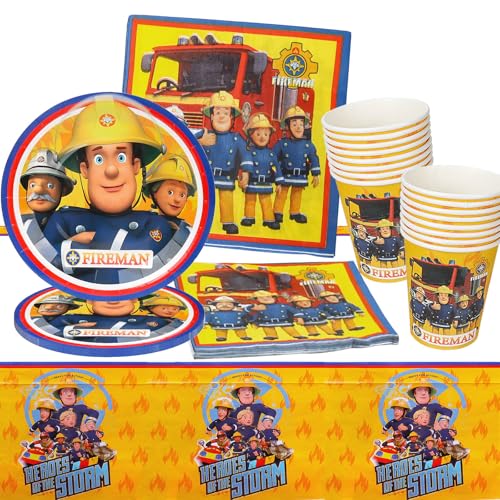 GUBOOM Feuerwehrmann Sam Partygeschirr, Fireman Sam Geschirr Set, 73Pcs Fireman Sam Party Set mit Teller Tasse Tischdecke Servietten Strohhalme von GUBOOM