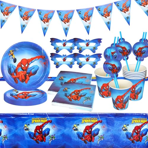 GUBOOM Spiderman Geburtstagsdeko Partygeschirr, 71 Stück Kinder Geburtstag Dekoration Party Supplies Set, Spiderman Pappteller, Tasse, Augenmaske, Tischdecke, Strohhalme, Servietten, Pull Flag von GUBOOM