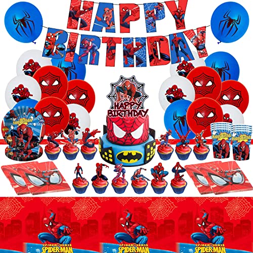 GUBOOM Spiderman Partygeschirr, 85Pcs Spiderman Geburtstagsdeko, Spiderman Party Supplies Enthält Tortenaufleger, Teller, Tasse, Tischdecke, Servietten und Pull Flag, Luftballons von GUBOOM