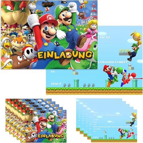 GUBOOM Super Mario Einladungskarten Kindergeburtstag 12er Set, Einladungskarten Kindergeburtstag Junge Mädchen, Super Mario Einladungskarten Geburtstag Deutsch für Kinder Partys (A) von GUBOOM