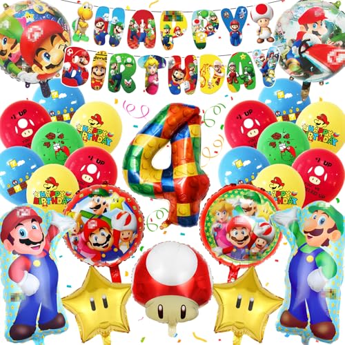 GUBOOM Super Mario Geburtstag Deko 4 Jahre, 32 Stück Super Mario Dekoration Geburtstag Mädchen Junge, Super Mario Party Deko, Kindergeburtstag Party Deko Set mit Super Mario Luftballon Banner (4) von GUBOOM