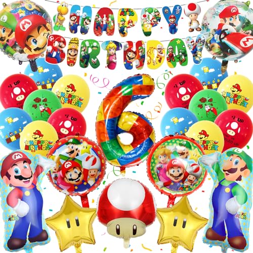 GUBOOM Super Mario Geburtstag Deko 6 Jahre, 32 Stück Super Mario Dekoration Geburtstag Mädchen Junge, Super Mario Party Deko, Kindergeburtstag Party Deko Set mit Super Mario Luftballon Banner (6) von GUBOOM