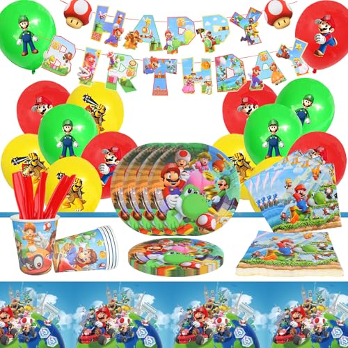 GUBOOM Super Mario Partygeschir, 67pcs Super Mario Geburtstag Deko Partygeschirr Set, Mario Bros Banner Luftballons Tortendeko Teller Servietten Pappbecher Tischdecke - 10 Portionen von GUBOOM