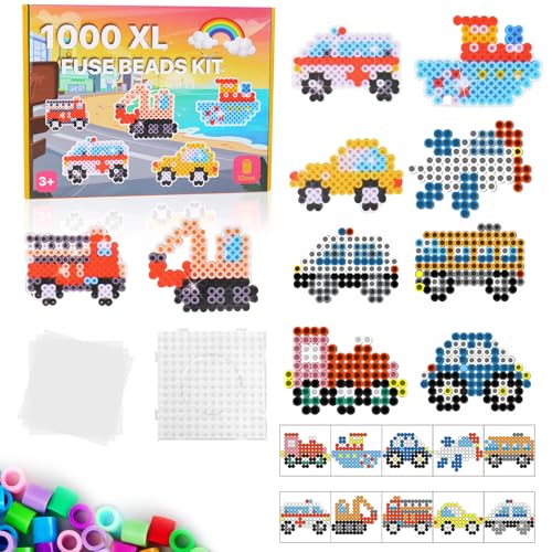 Große 10mm Bügelperlen Fahrzeuge Set, 1000 Stück XL Steckperlen mit Steckplatte, 10 Bunte Farben XL Bügelperlen, 10 Fahrzeug-Muster und Bügelpapier, Kreatives Perlenset für Kinder ab 3 Jahren von GUBOOM