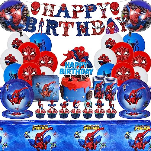 Spiderman Geburtstagsdeko, Spiderman Partygeschirr, 87 PCS Spiderman Party Supplies Set, Enthält Luftballons Spiderman, Teller,Tasse,Tischdecke,Servietten und Banner, Spiderman Deko von GUBOOM