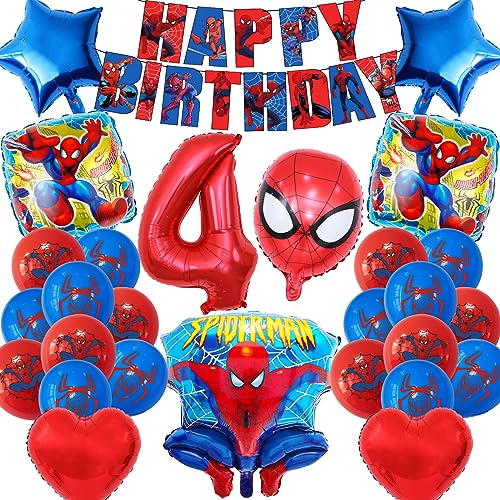 Spiderman Geburtstagsdeko 4 Jahre, 28 Stück Spiderman Luftballon Kindergeburtstag Deko Geburtstag Kit, Spider Luftballons 4 Geburtstag, Mit 3D Spiderma Helium Ballons und Zahlenballons (4 Jahre) von GUBOOM