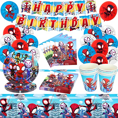 Spiderman Partygeschirr Set, 60PCS Spiderman Geburtstagsdeko Partygeschirr Kindergeburtstag Party Supplies Luftballons, Banner, Teller, Tassen, Servietten, Tischdecken für 10 Gäste von GUBOOM