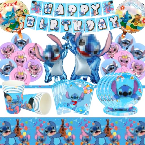 Stitch Partygeschirr Geburtstag, 66PCS Lilo&Stitch Geburtstag Deko Luftballon, Stitch Kindergeburtstag Party Geschirr, Banner, Pappteller, Pappbecher, Servietten, Tischdecken, Luftballons - 10 Gäste von GUBOOM