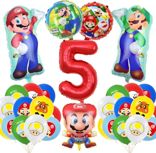 Super Mario Geburtstag Deko 5 Jahre, 5 Jahre Mario Party Set Geburtstag, Super Mario Luftballons Latex Folienballons Zahlenballon 5 für Kindergeburtstag Party Dekoration (5) von GUBOOM