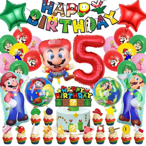 Super Mario Geburtstag Deko 5 Jahre, Super Mario Party Deko, Super Mario Luftballons Kindergeburtstag, Super Mario Kuchen Deko, Happy Birthday Banner, Mario Geburtstagsfeier Thema Dekoration von GUBOOM