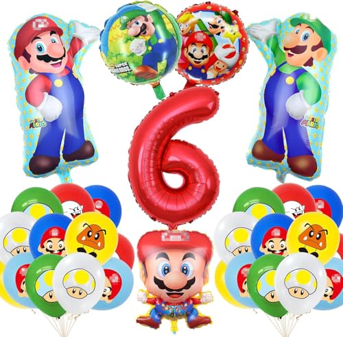Super Mario Geburtstag Deko 6 Jahre, 6 Jahre Mario Party Set Geburtstag, Super Mario Luftballons Latex Folienballons Zahlenballon 6 für Kindergeburtstag Party Dekoration (6) von GUBOOM